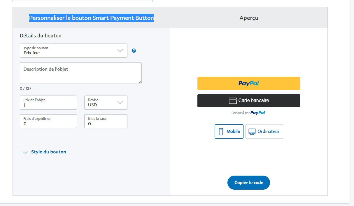 PayPal payment form